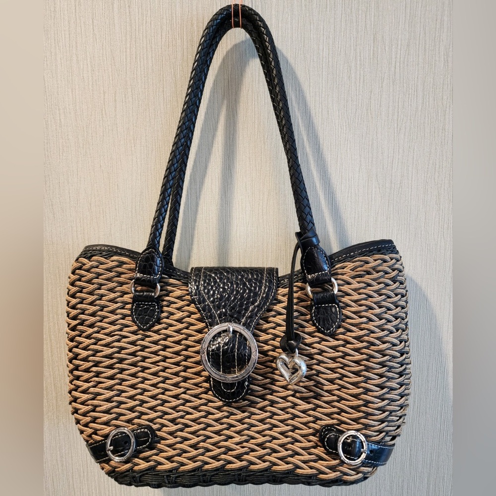 BRIGHTON STRAW BASKET WEAVED with CROC EMBOSSED LEATHER TRIM HANDBAG
